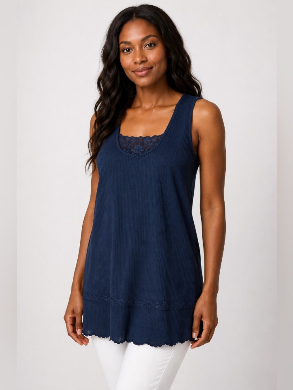 ME. Vintage 1990s Navy Ribbed Floral Lace-Detail Tank Top Tunic